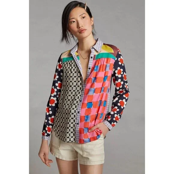 Maeve Anthropologie La Paz Contrast Patchwork Button Front Shirt Size Large NWT - Picture 1 of 11